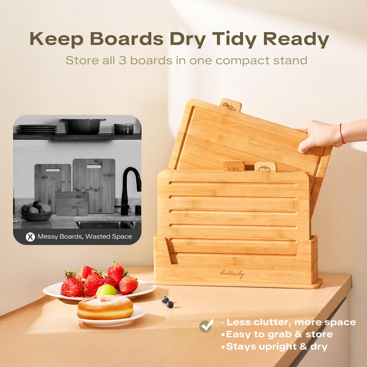 Coktaseleg bamboo cutting boards with meat icons for quick identification.