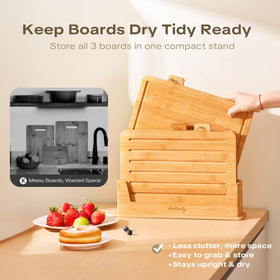 Coktaseleg bamboo cutting boards with meat icons for quick identification.