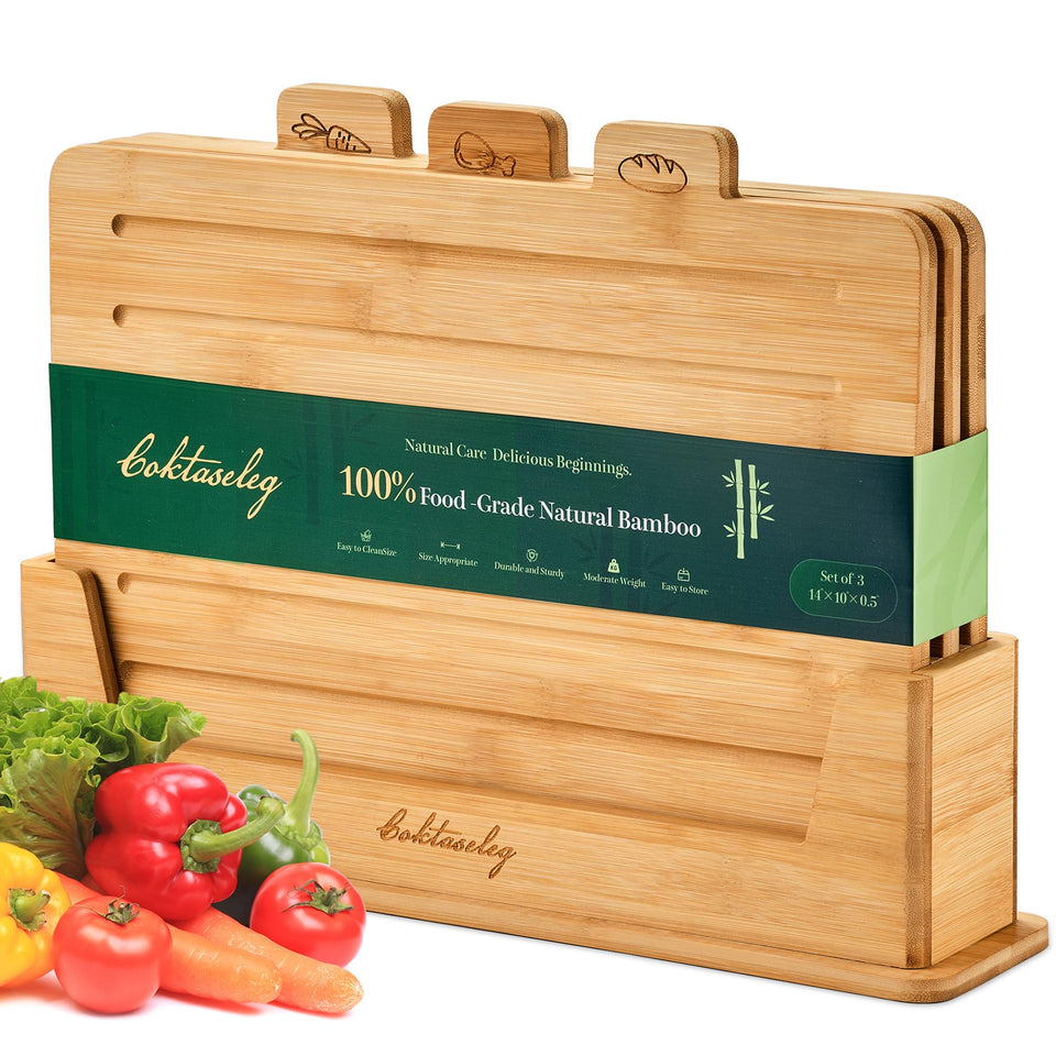 Coktaseleg bamboo cutting boards set with holder for organized meal prep.
