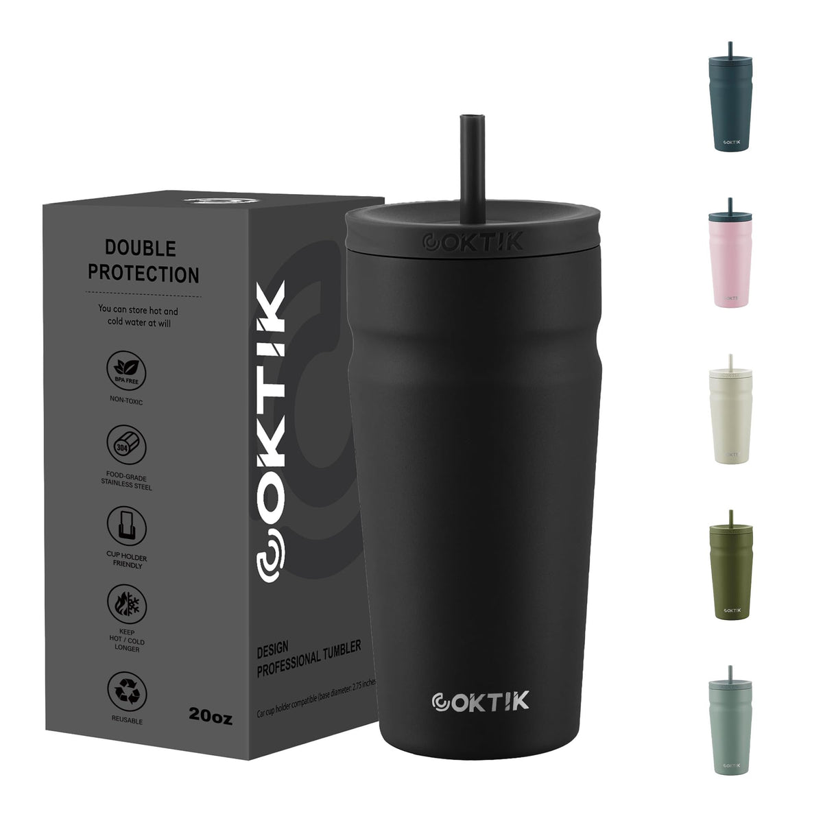 COKTIK 20oz insulated tumbler with lid and straw in black for on-the-go use and convenience