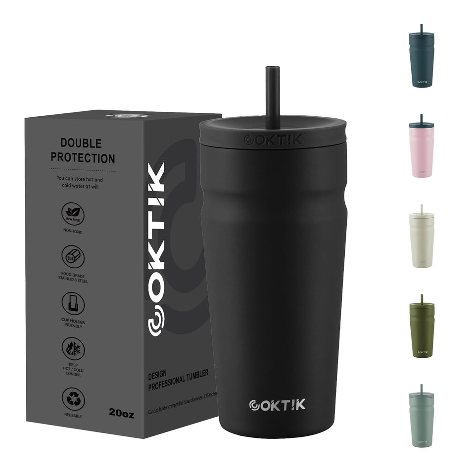 COKTIK 20oz insulated tumbler with lid and straw in black for on-the-go use and convenience