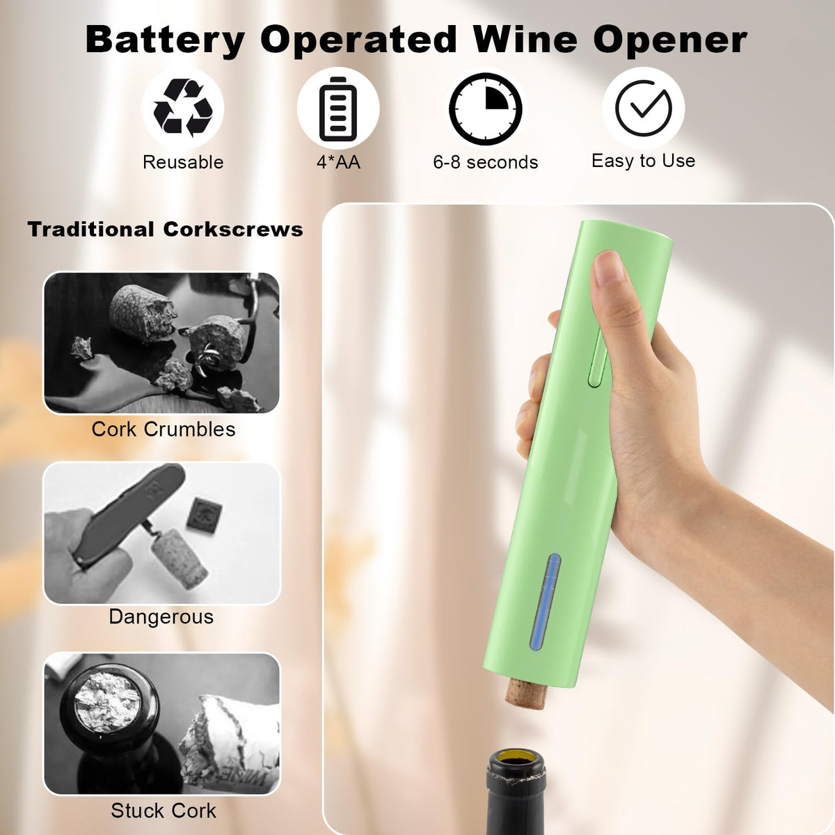 COKUNST wine opener showing battery compartment and power button for hands-free use.