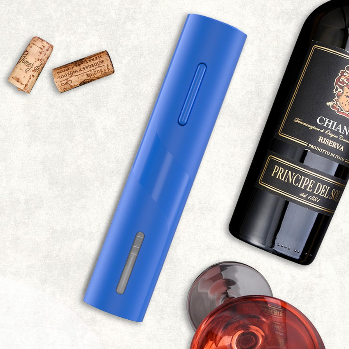 COKUNST blue battery-operated corkscrew powered by four AA batteries.