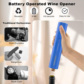 COKUNST electric wine opener blue in action with one-handed operation.