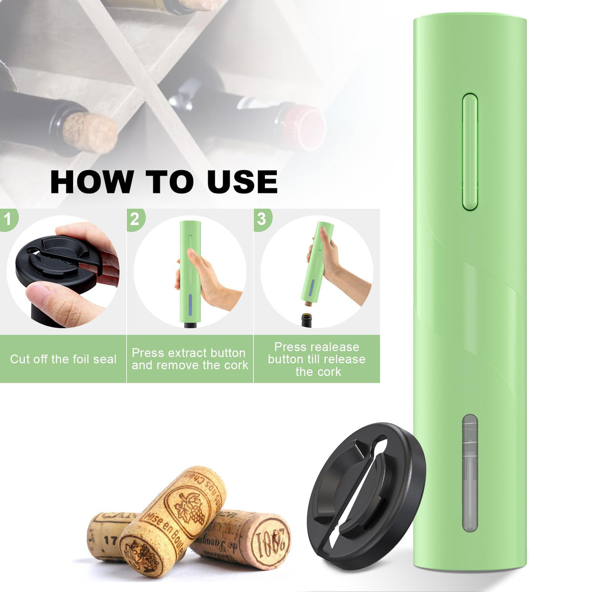 COKUNST green electric corkscrew with ergonomic grip for comfortable use.