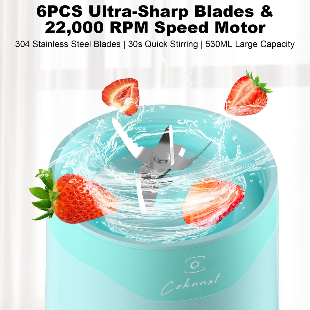 COKUNST blender with six blades delivering smooth textures quickly.