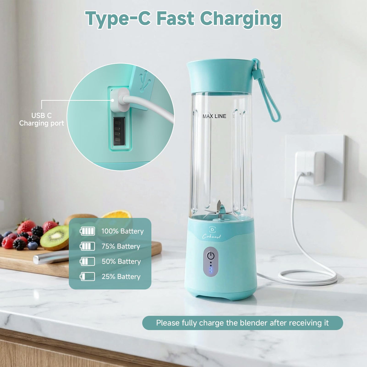COKUNST portable blender magnetic safety lock enables safe, spill-free operation.