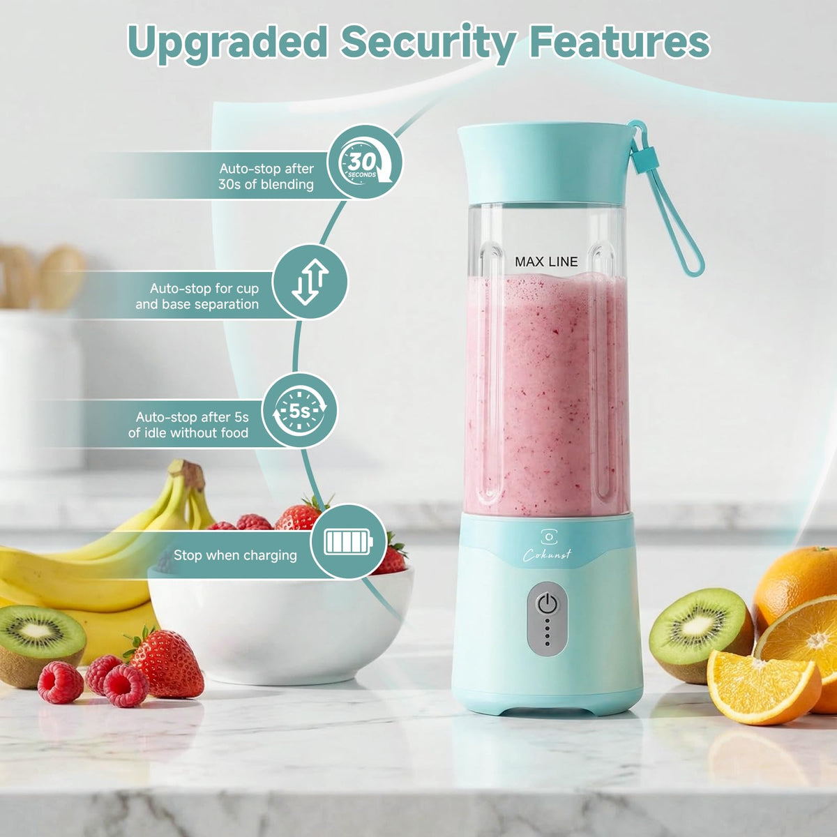 COKUNST portable blender one-touch operation enables quick, effortless blending.