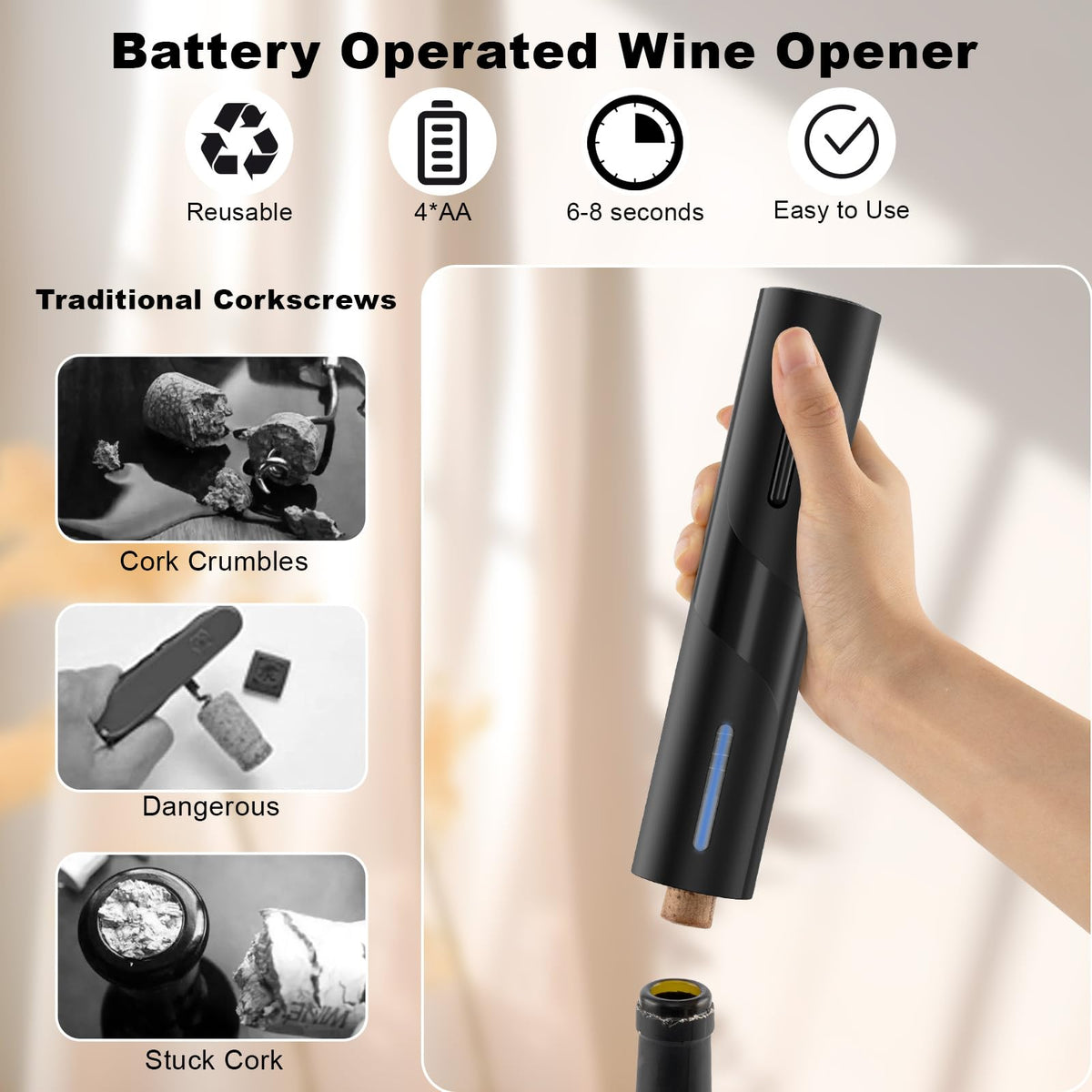 COKUNST wine opener in action removes cork quickly.