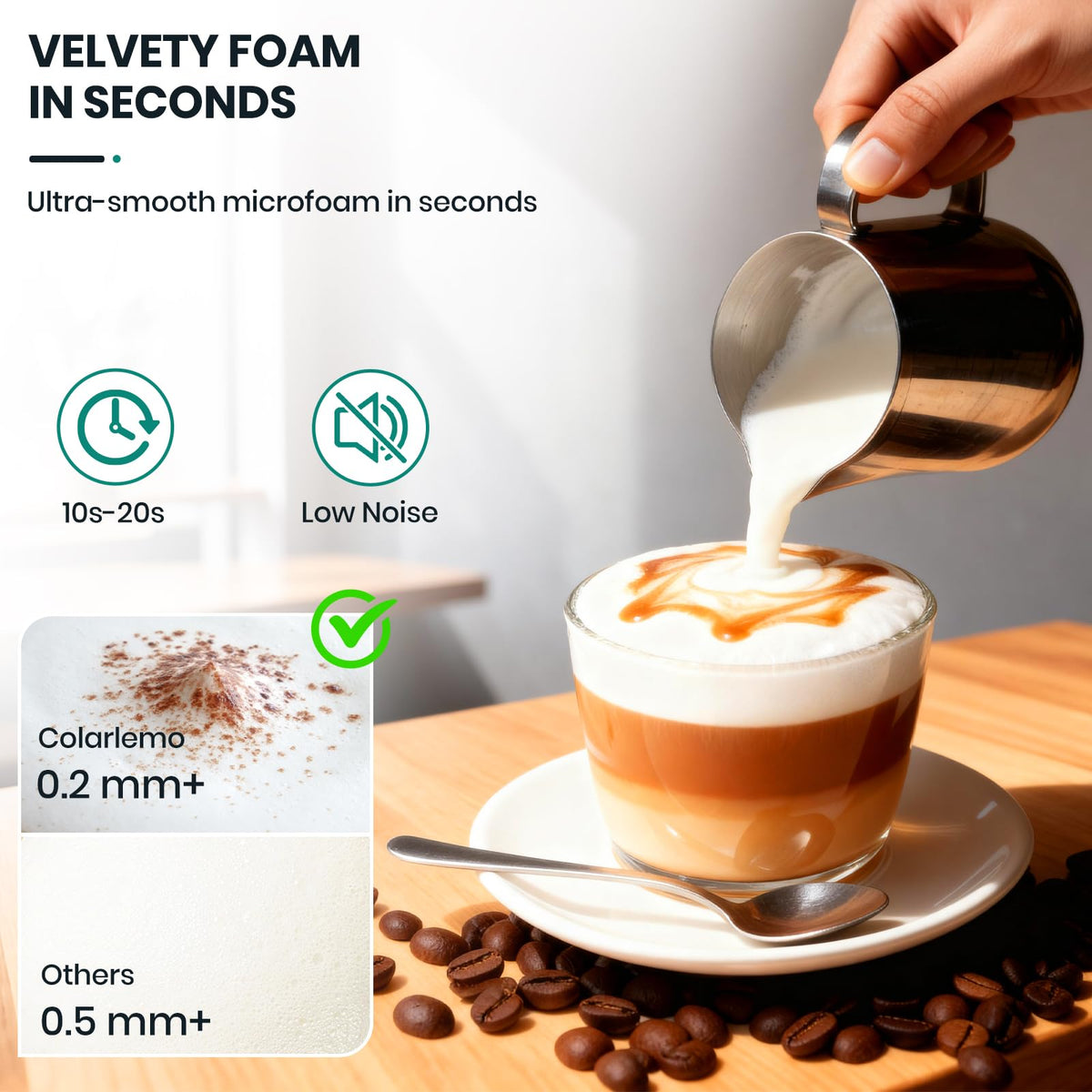 Colarlemo frother showing 3-speed control options for texture variety