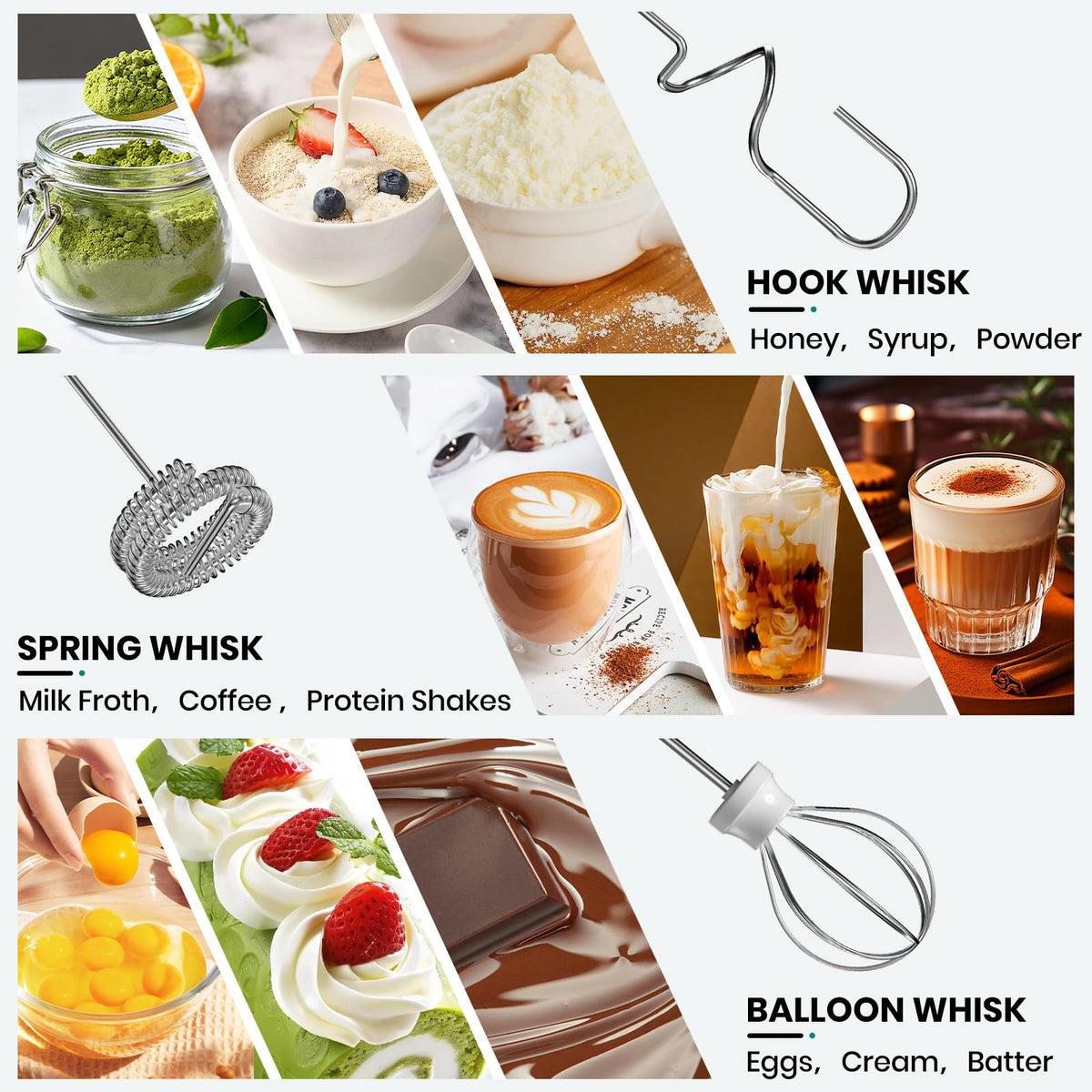 Colarlemo with three whisk attachments for froth, whip, and blend