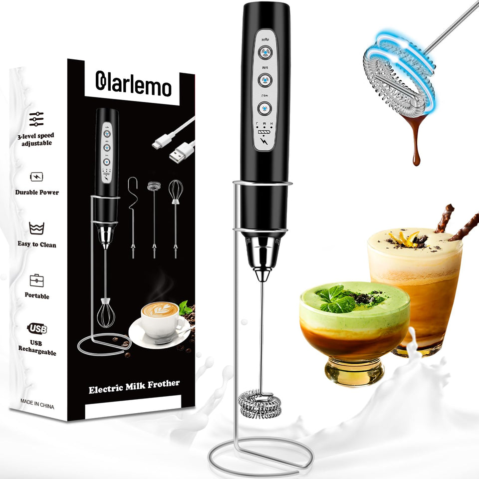 Colarlemo handheld milk frother with stand ready on the counter for quick frothing