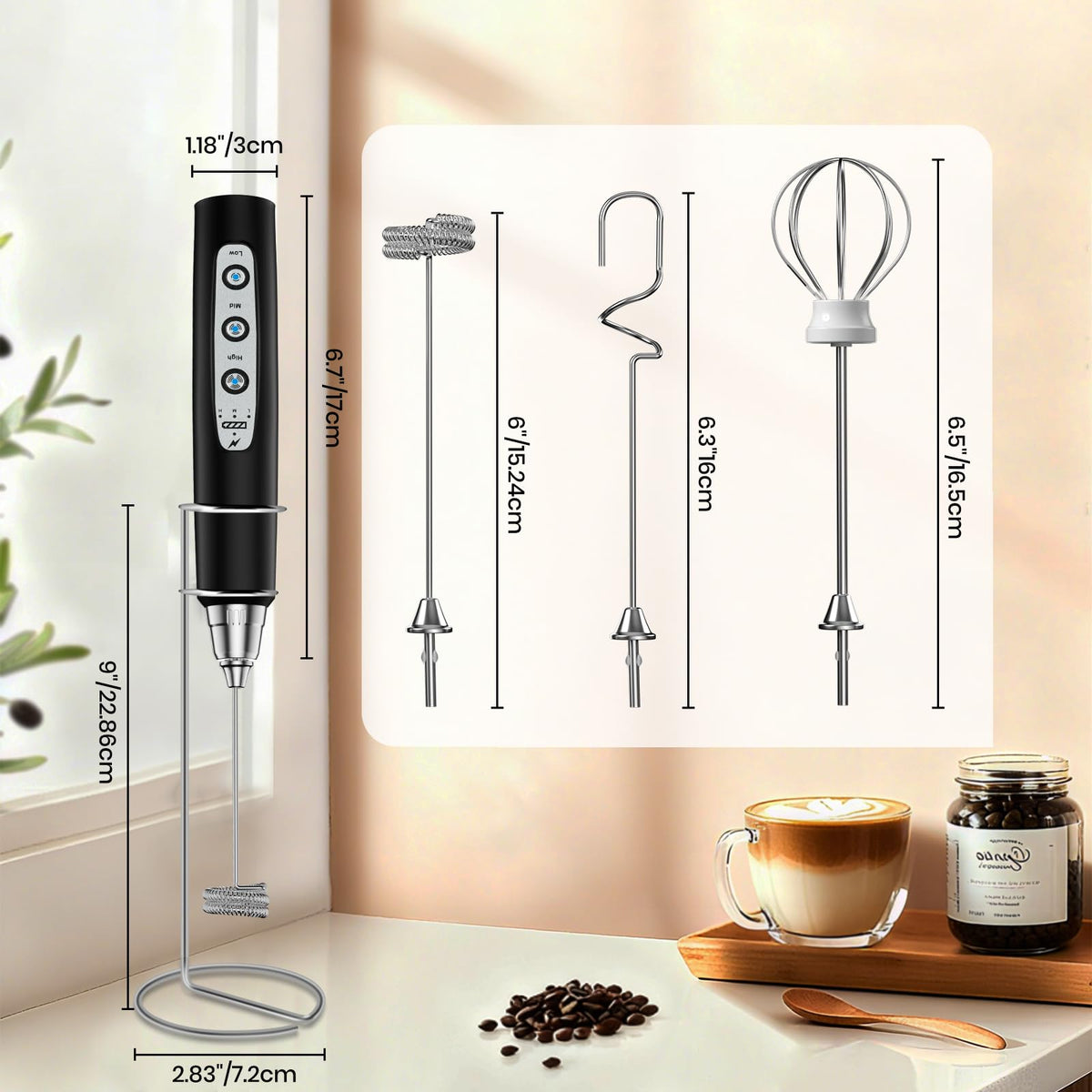Colarlemo frother on its stand with accessories neatly arranged