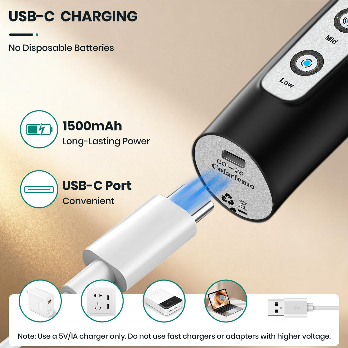 Colarlemo USB-C rechargeable battery indicator for ready frothing