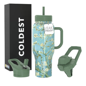 Coldest Tumbler almond blossom with handle and straw, spill-proof for travel and daily use.