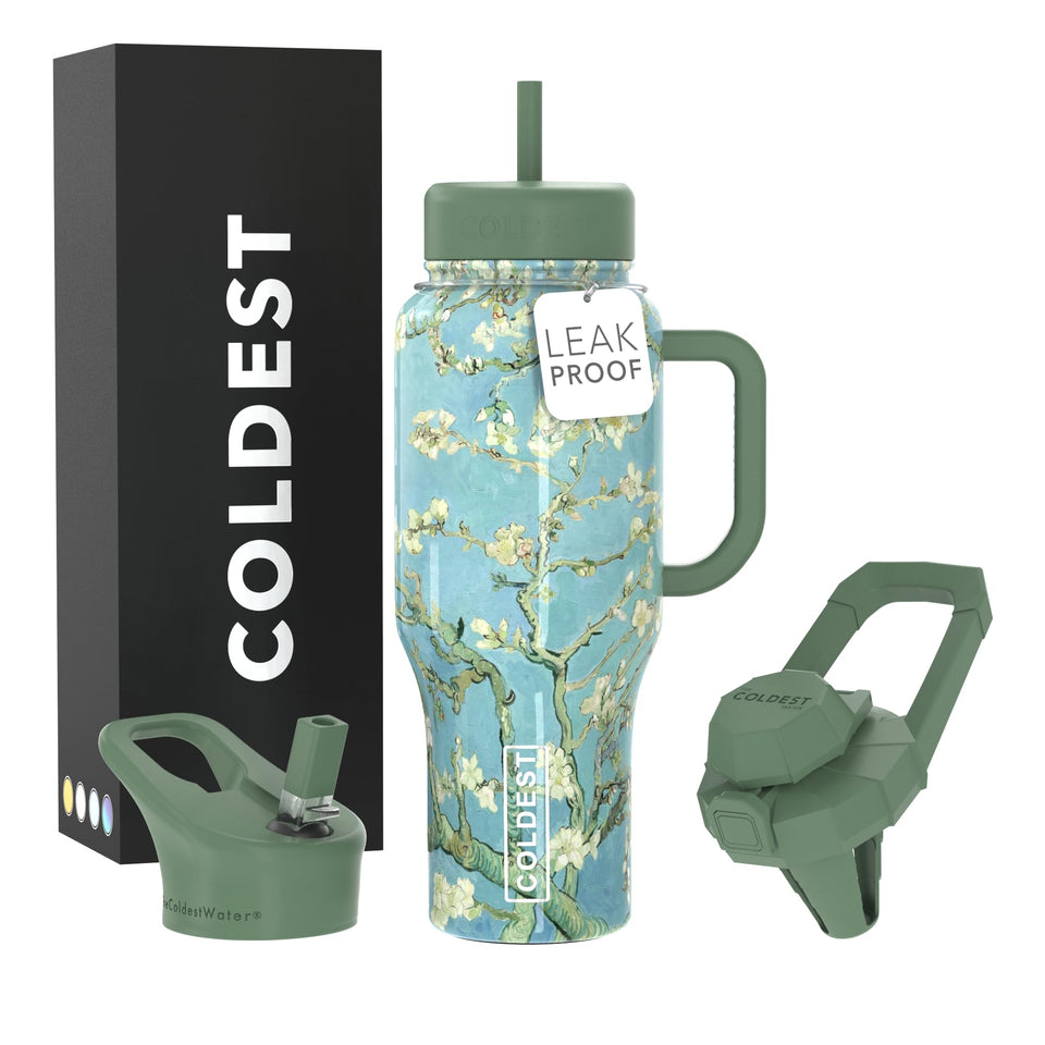 Coldest Tumbler almond blossom with handle and straw, spill-proof for travel and daily use.