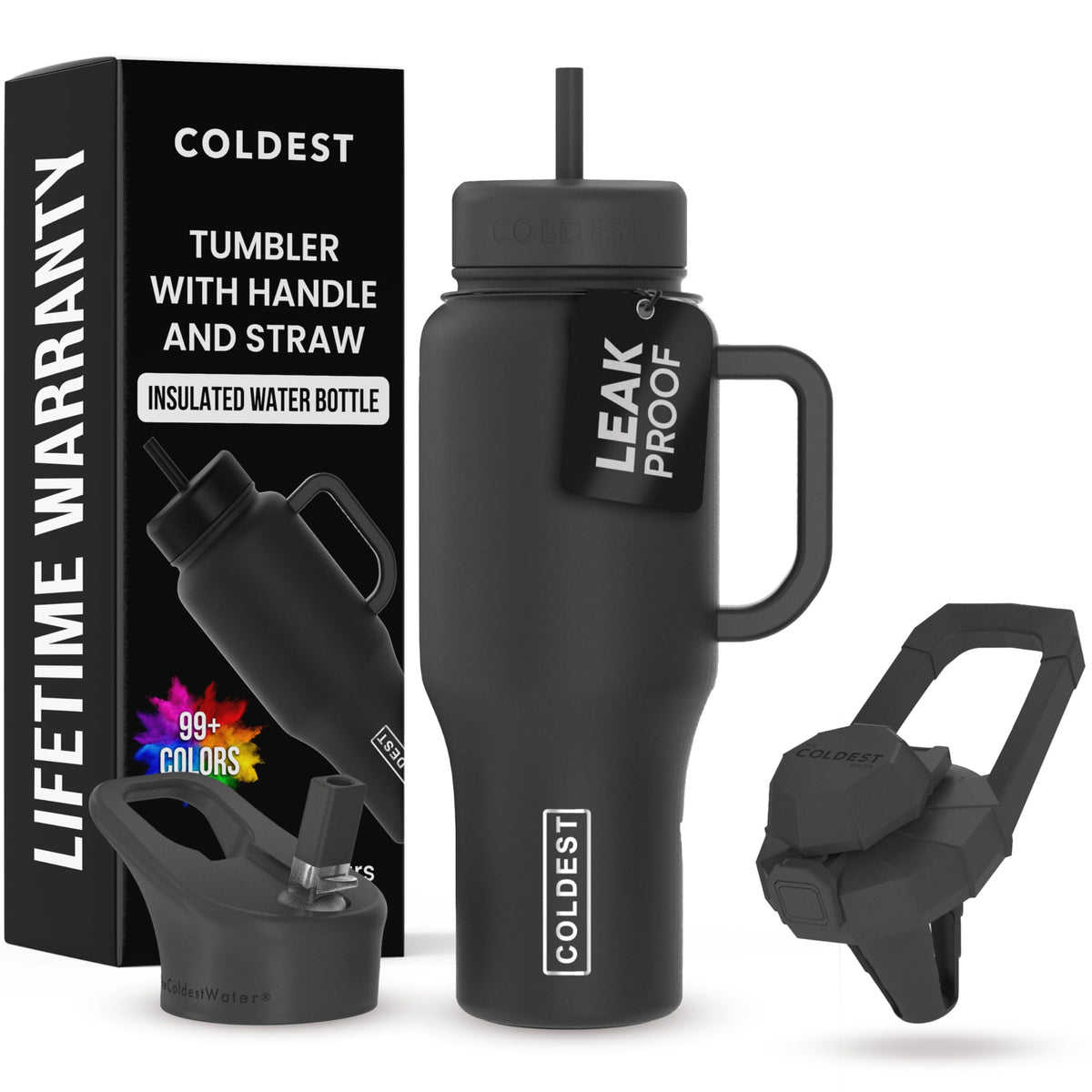 The Coldest Water 36oz tumbler with handle and straw close-up for easy sipping