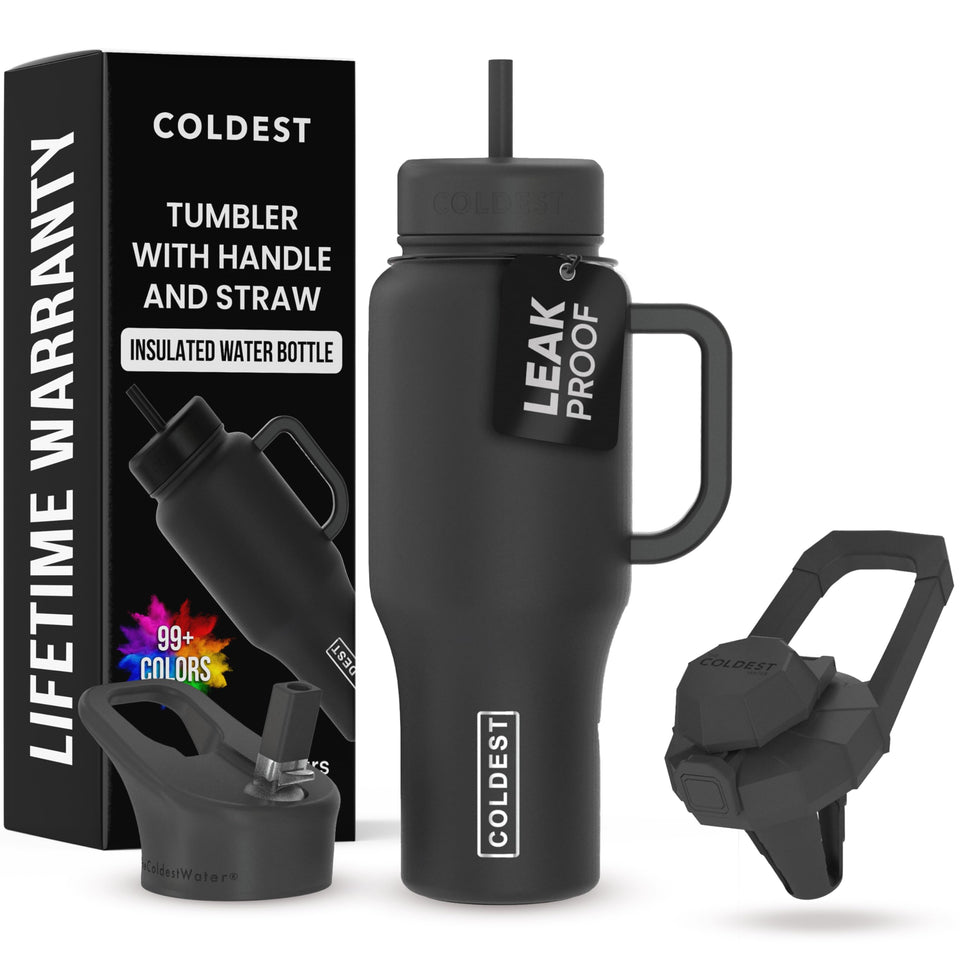 The Coldest Water 36oz tumbler with handle and straw close-up for easy sipping