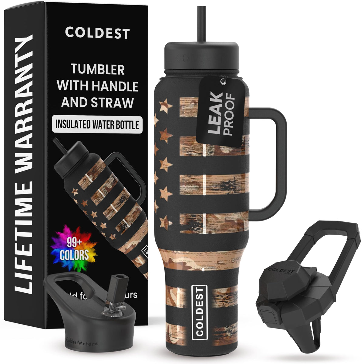 The Coldest Water camouflage 46 oz tumbler full view for on-the-go hydration.