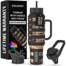 The Coldest Water camouflage 46 oz tumbler full view for on-the-go hydration.