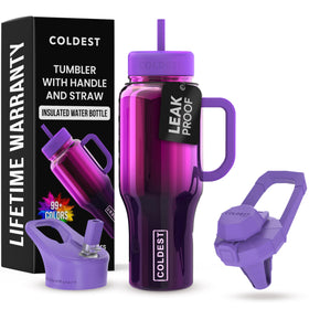The Coldest Water tumbler with handle and straw shows three lids for versatile sipping.