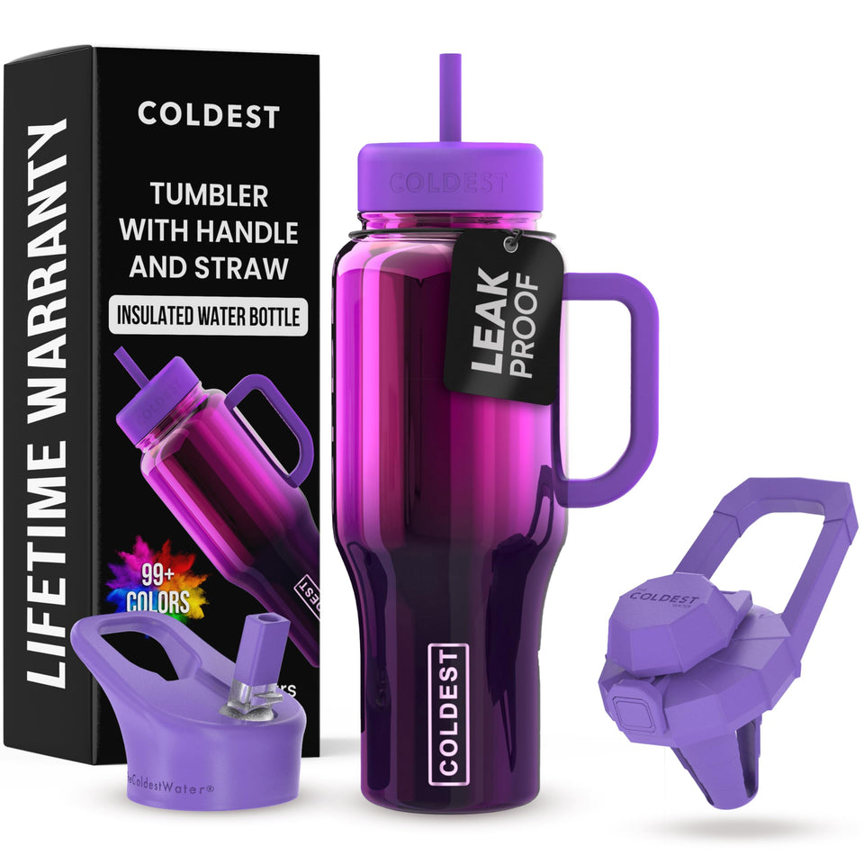 The Coldest Water tumbler with handle and straw shows three lids for versatile sipping.