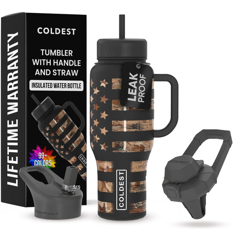 Coldest Water tumbler with handle and camouflage flag design for easy all-day hydration.