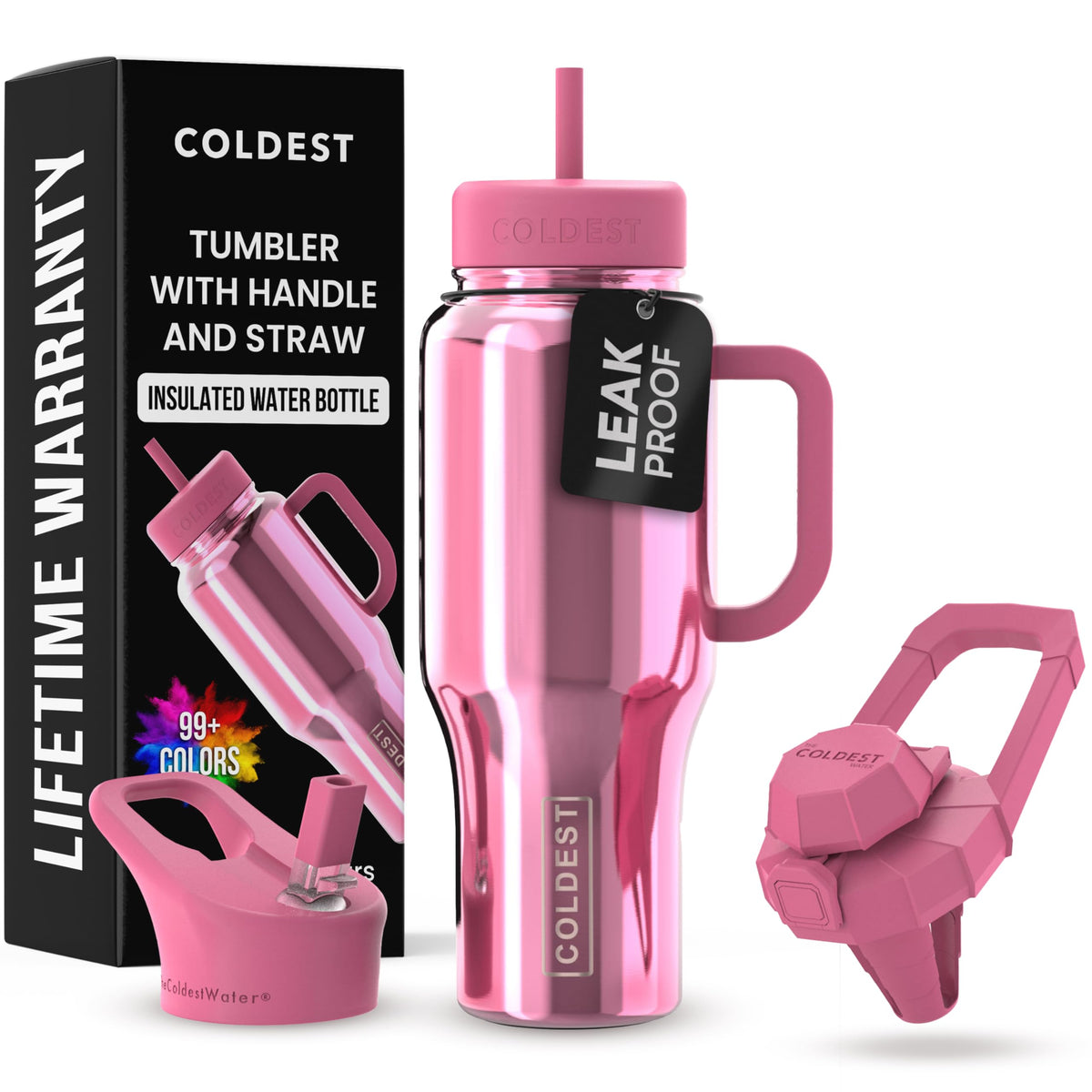 The Coldest Water tumbler with handle and straw in pink reflections, front view for daily hydration.