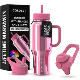 The Coldest Water tumbler with handle and straw in pink reflections, front view for daily hydration.