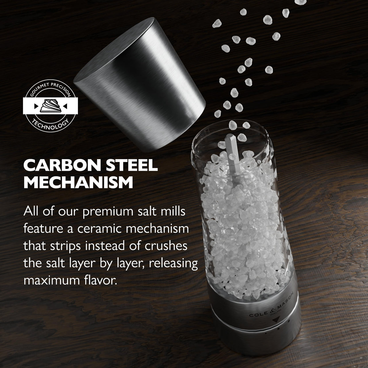 Cole & Mason Derwent 3 level grind adjustment for fine to coarse salt textures.