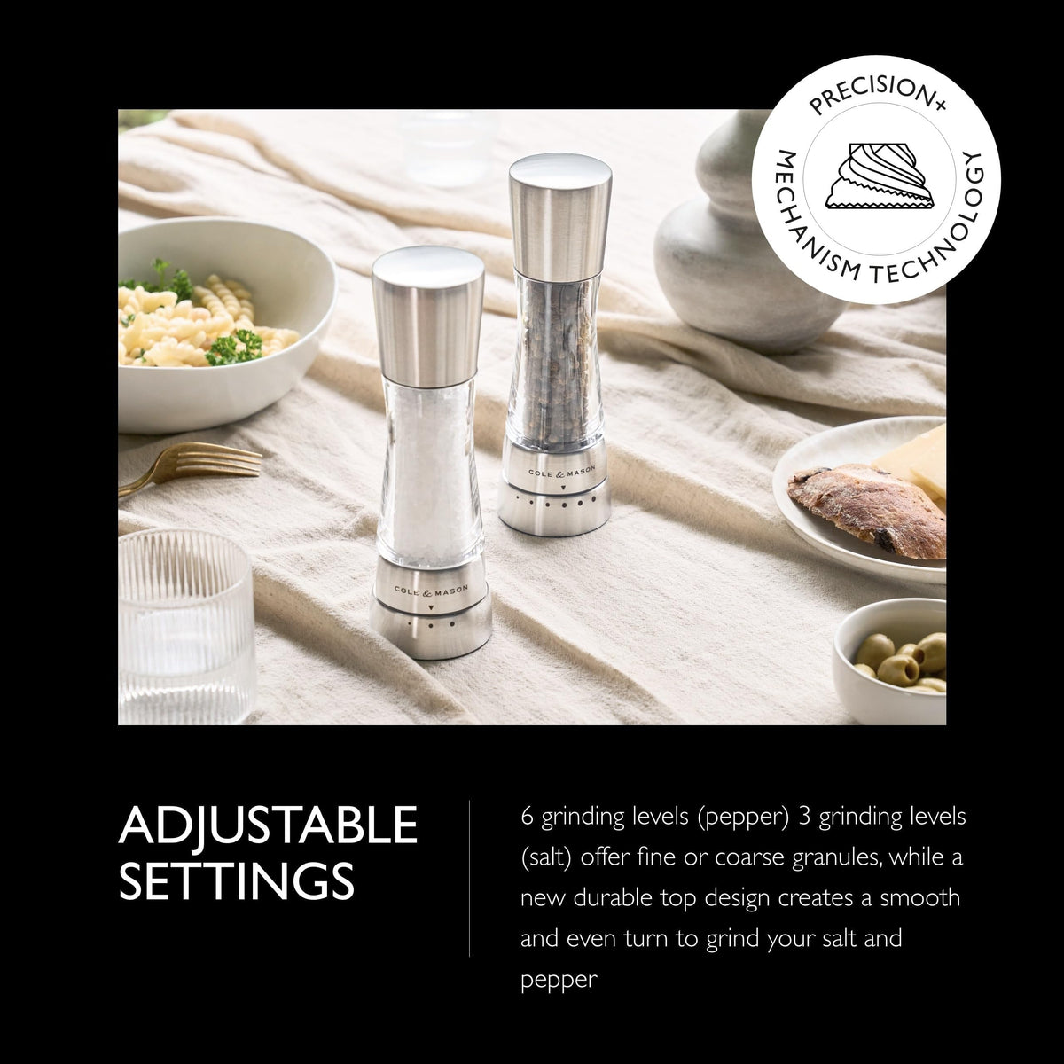Cole & Mason Derwent mills show six pepper grind levels for precise seasoning.