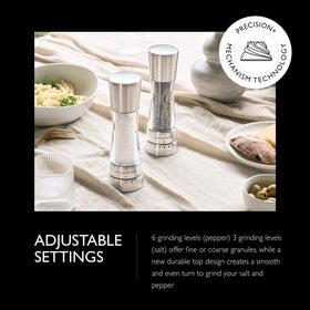 Cole & Mason Derwent mills show six pepper grind levels for precise seasoning.