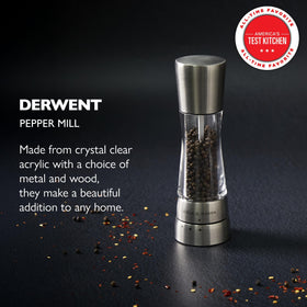 Derwent pepper mill with gourmet precision mechanisms for even spice extraction.