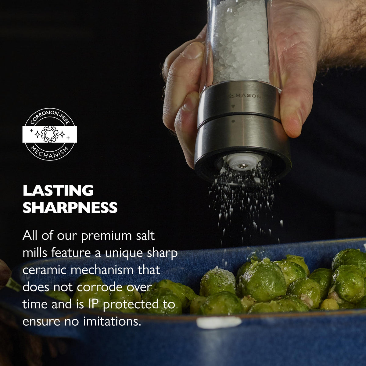 Cole & Mason Derwent refillable sea salt mill for quick, mess-free replenishment.