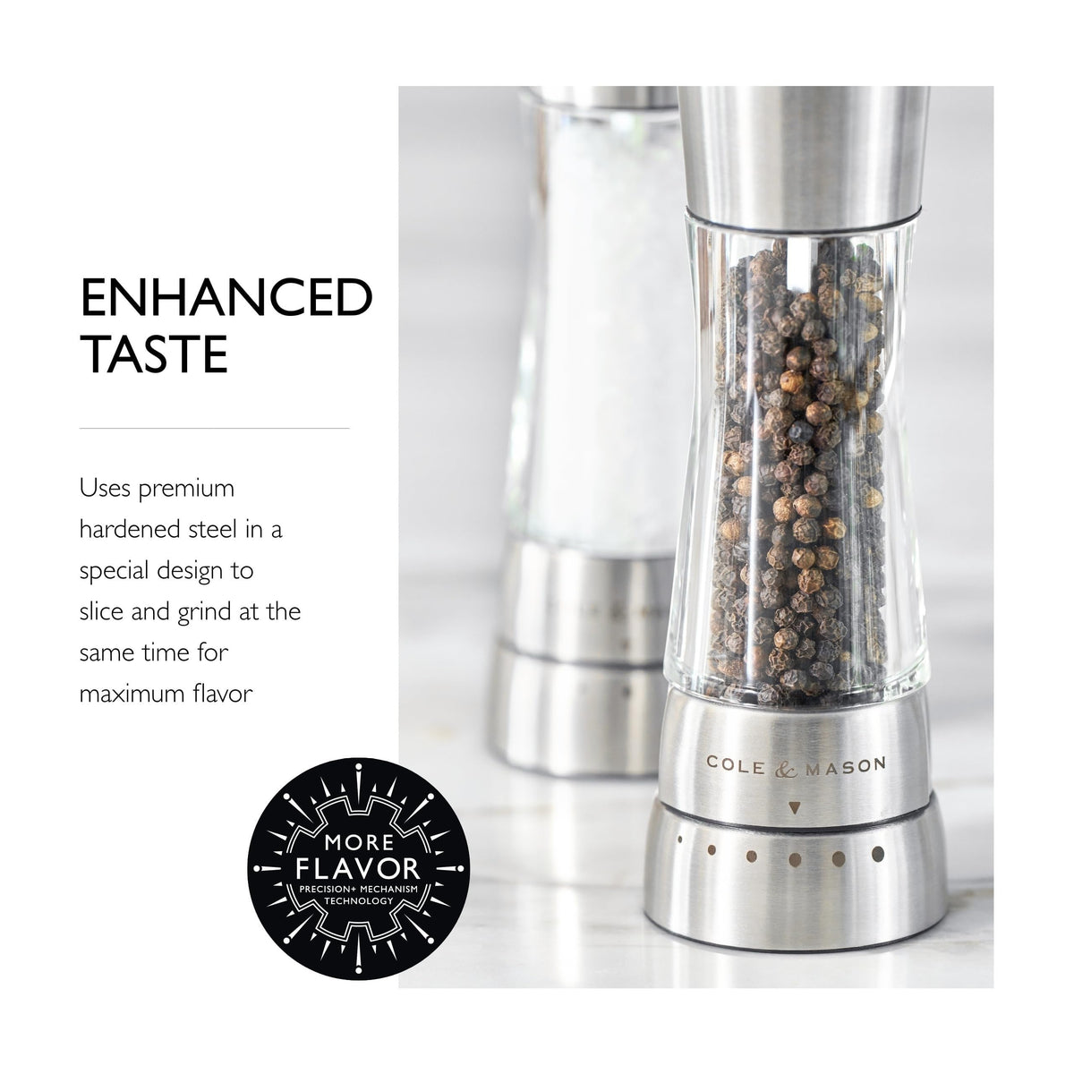 Cole & Mason Derwent salt grinder with three grind levels for controlled flavor.