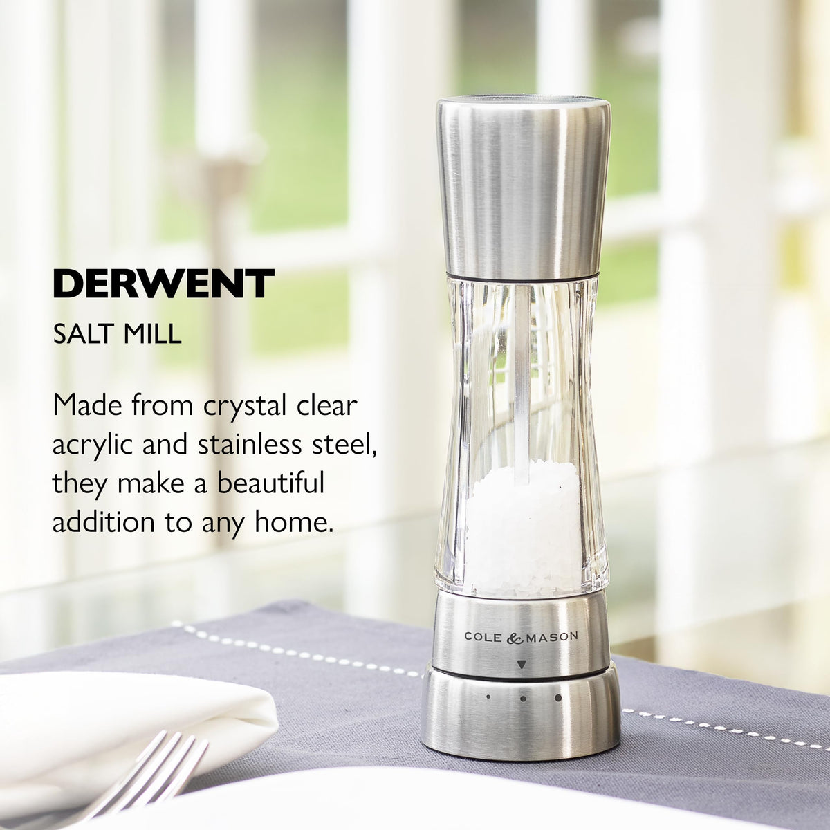 Derwent salt grinder acrylic body offers modern style and visibility by Cole & Mason.