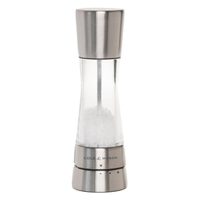 Cole & Mason Derwent salt grinder with stainless steel mechanism for consistent seasoning.