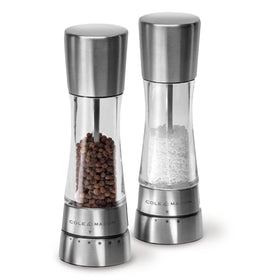 Cole & Mason Derwent salt and pepper mills with clear acrylic for easy refilling.