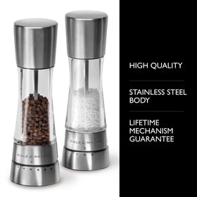 Cole & Mason Derwent mills with a stainless steel finish offer durable, stylish table use.