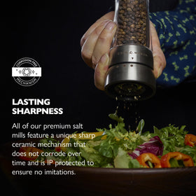 Derwent pepper mill with stainless steel accents and durable finish.