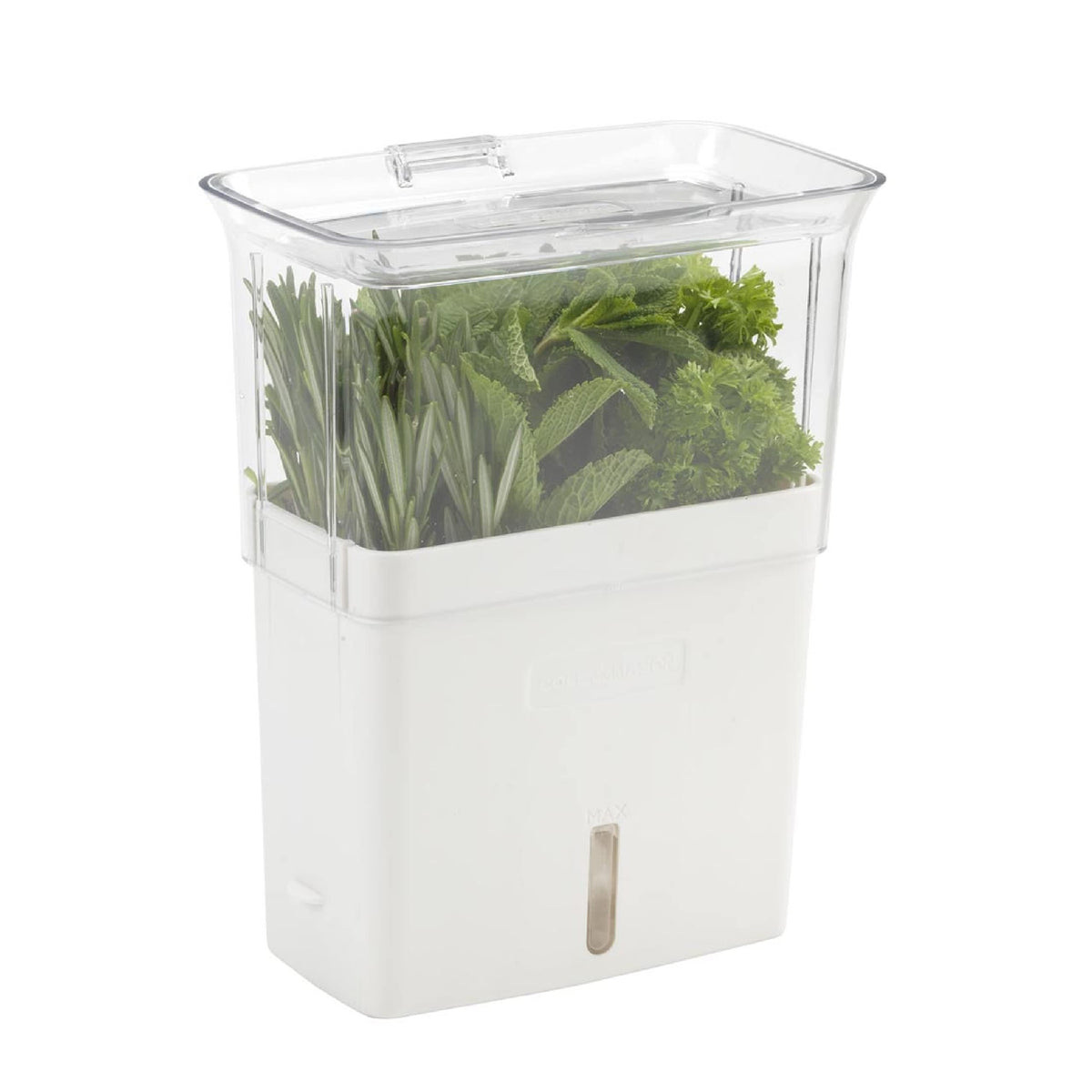Cole & Mason Fresh Herb Keeper inside fridge shows airflow vents for longer herb freshness.