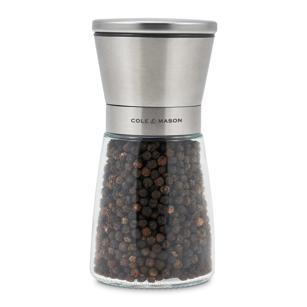 Cole & Mason Sunderland pepper mill top view with stainless cap for easy table seasoning.