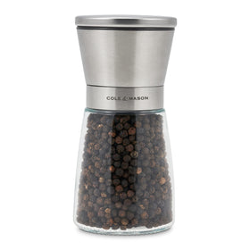 Cole & Mason Sunderland pepper mill top view with stainless cap for easy table seasoning.