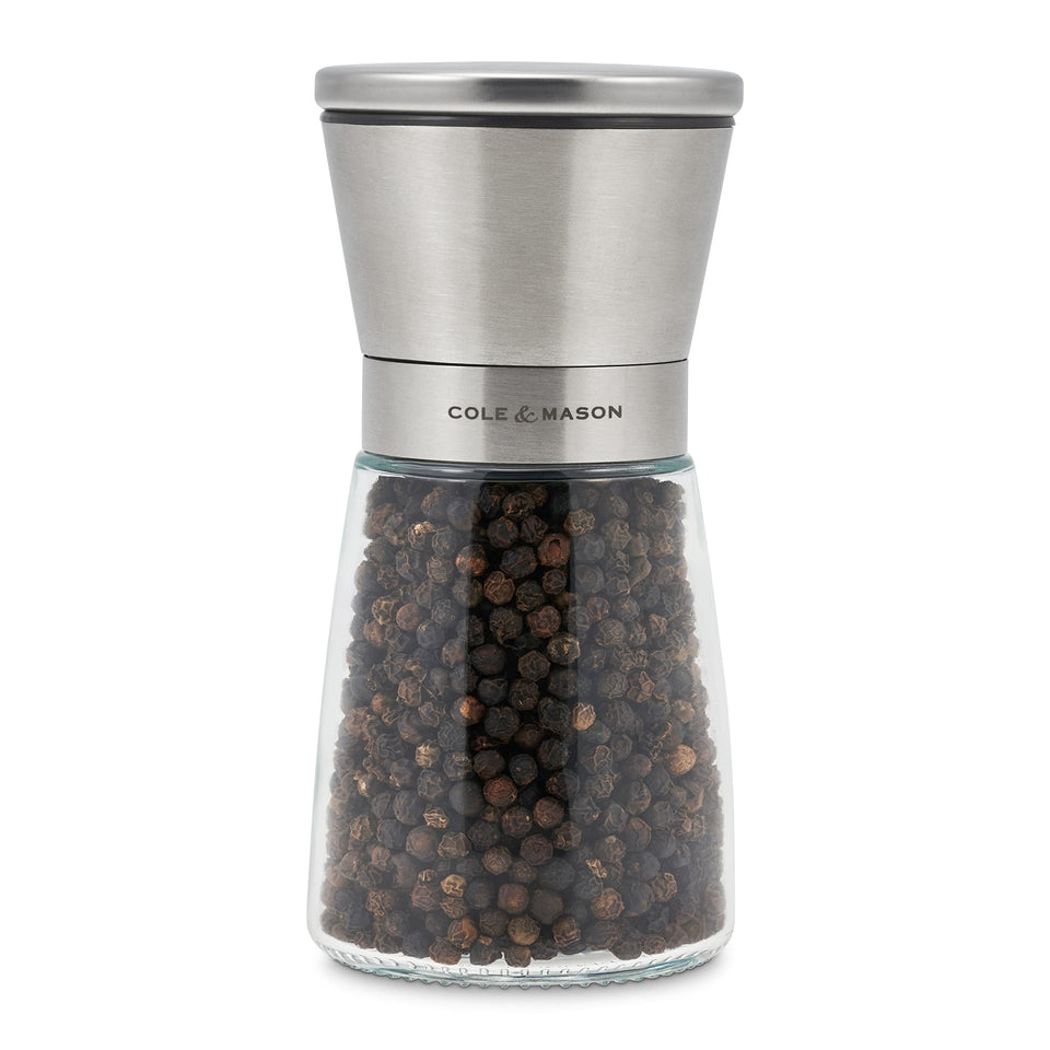 Cole & Mason Sunderland pepper mill top view with stainless cap for easy table seasoning.