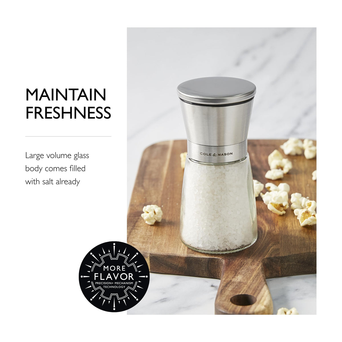 Airtight stainless lid on Cole & Mason Sunderland salt mill keeps contents fresh