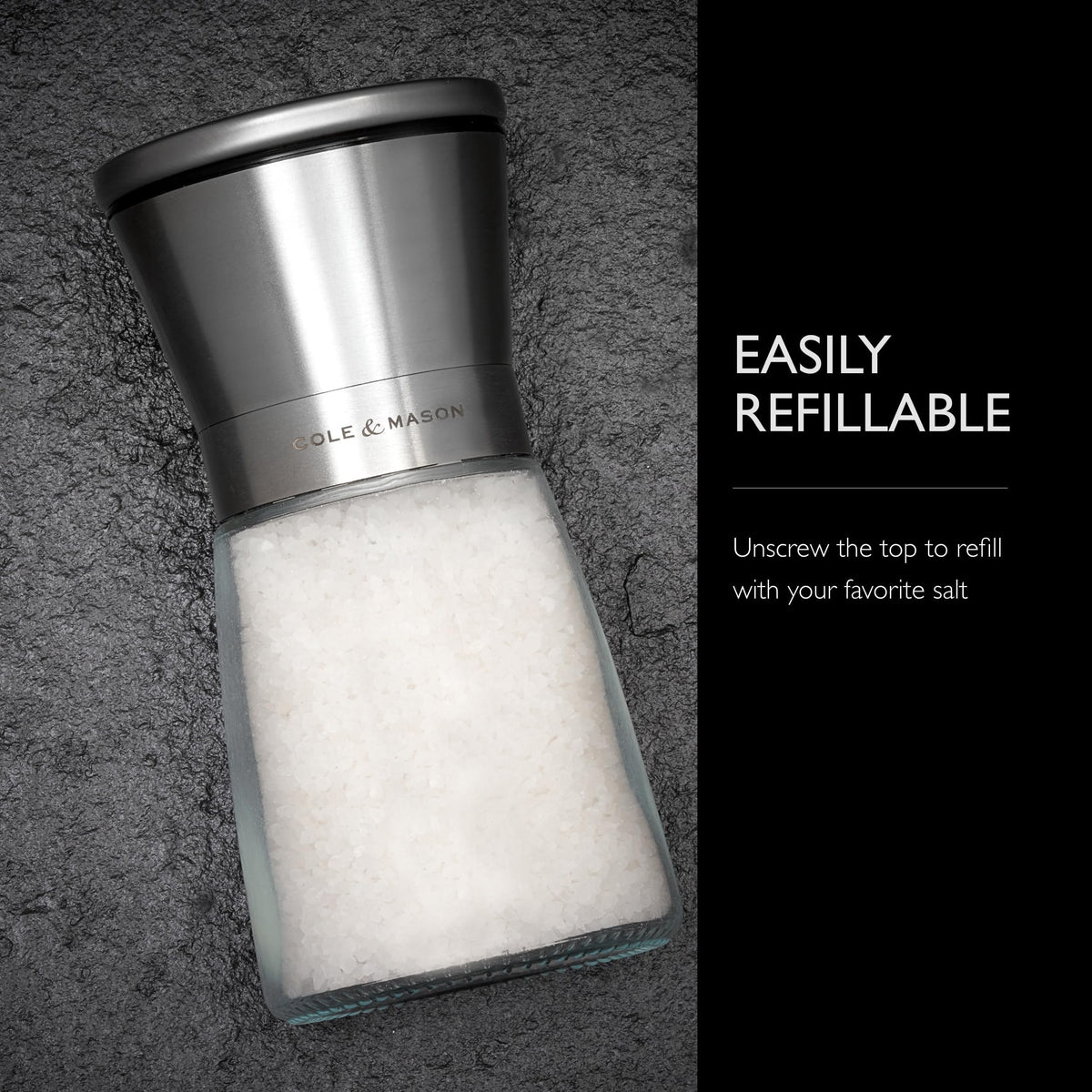 Cole & Mason Sunderland salt mill on table ready for seasoning