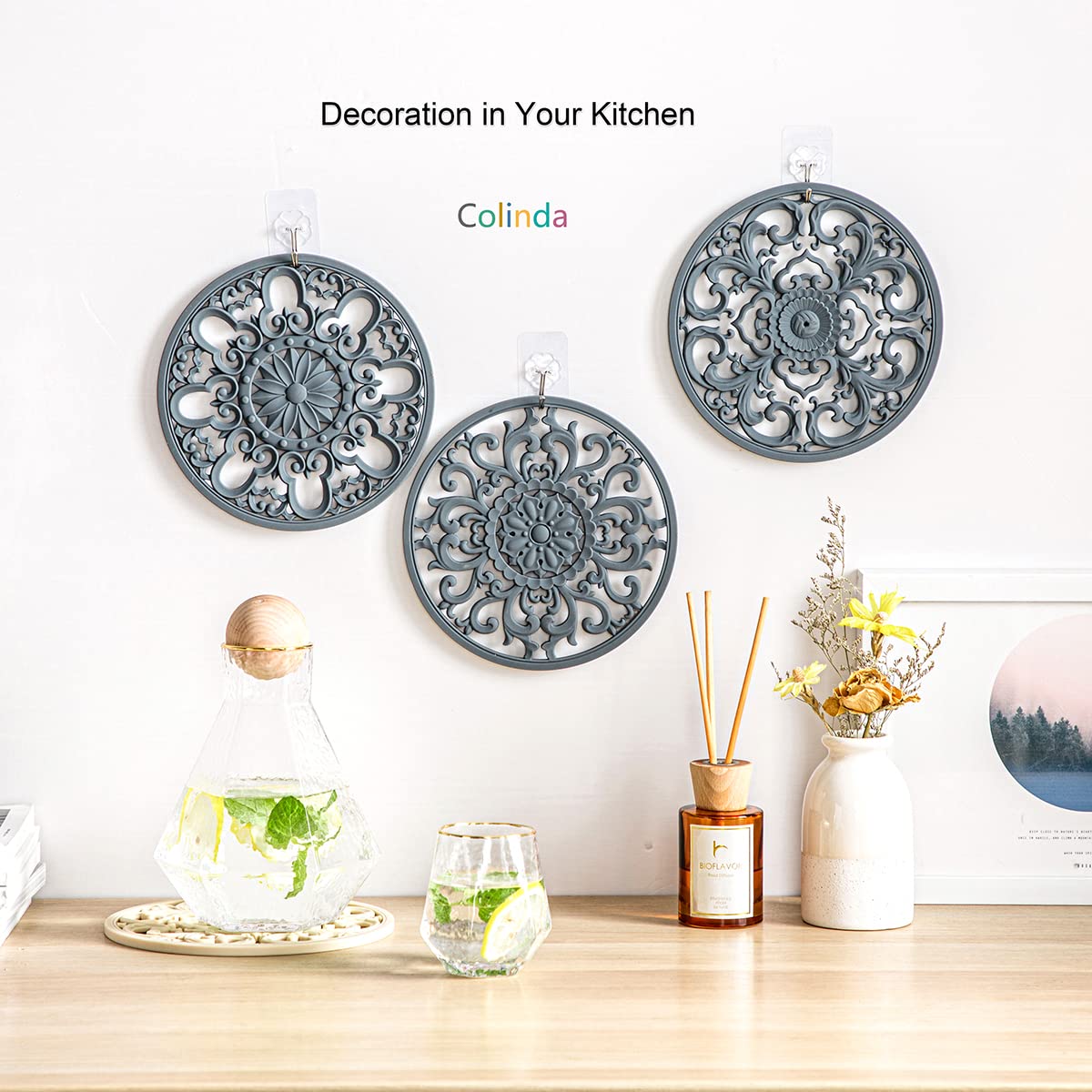 Colinda decorative trivet designs demonstrate style options for kitchen and dining areas.