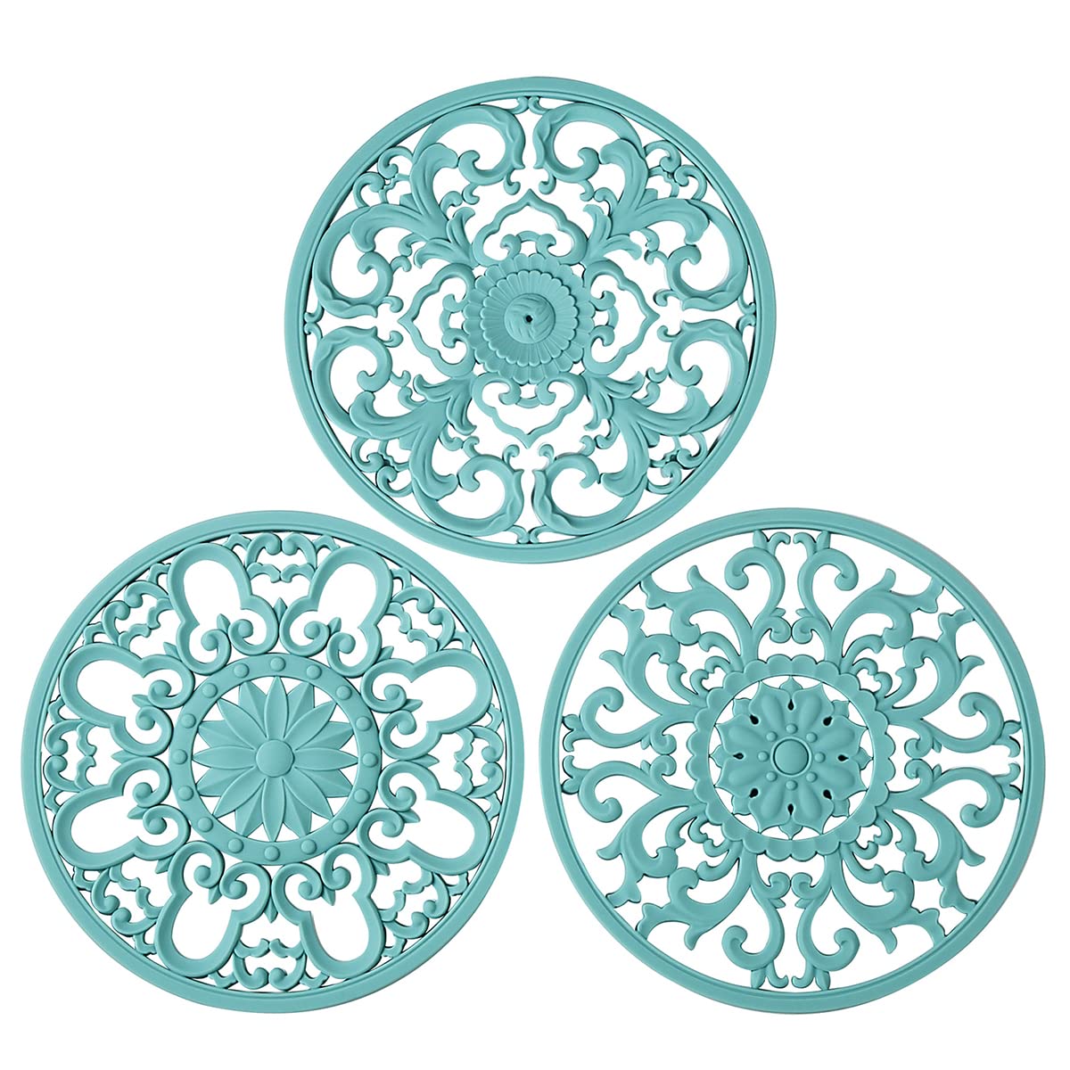 Colinda turquoise silicone trivet set with three designs protects surfaces from hot dishes.