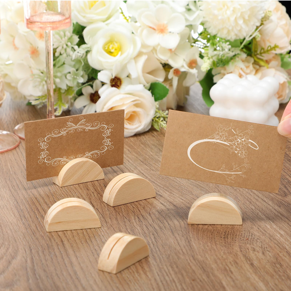 Colingmill wedding table decor with semicircular wooden stands
