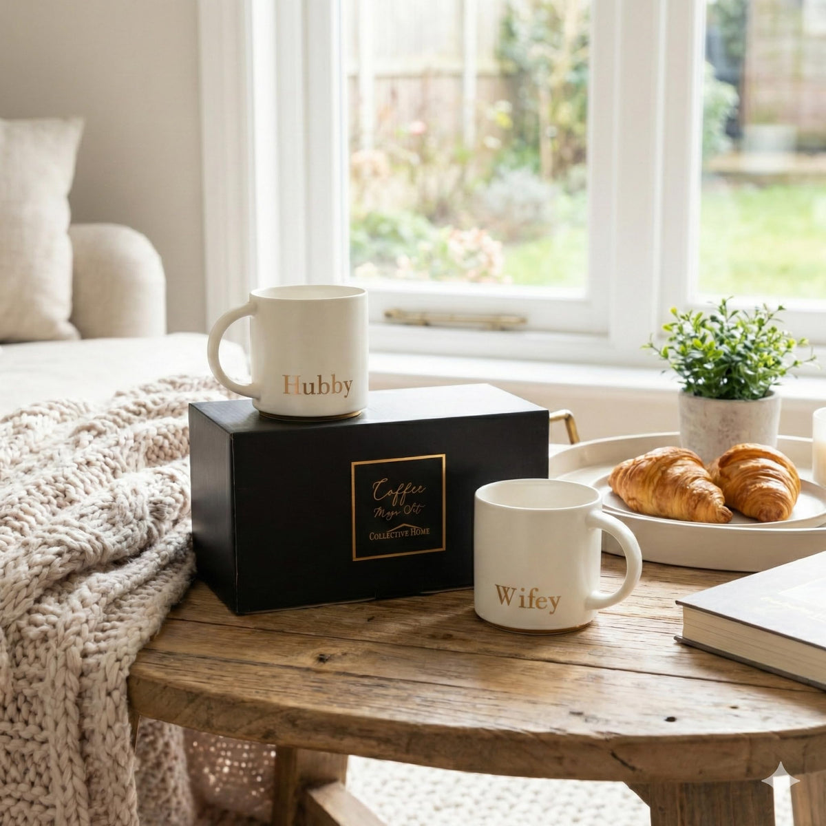COLLECTIVE HOME embossed gold script mugs add a luxurious touch for special mornings